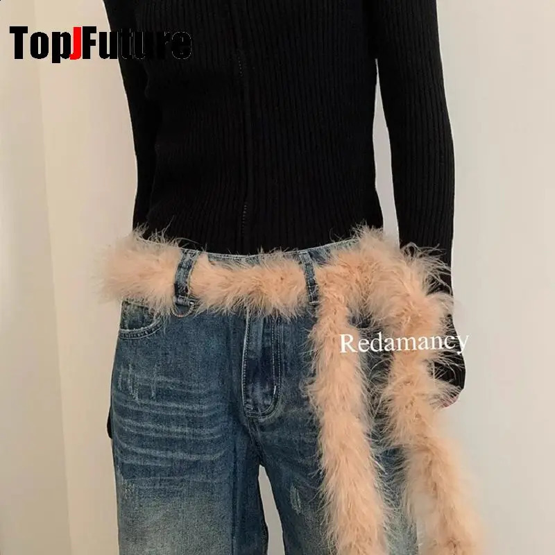 Womens Harajuku Steampunk Y2K The Spice Girls Plush waistband Dark Furry belt Concave shaped decorative waist chain 241226