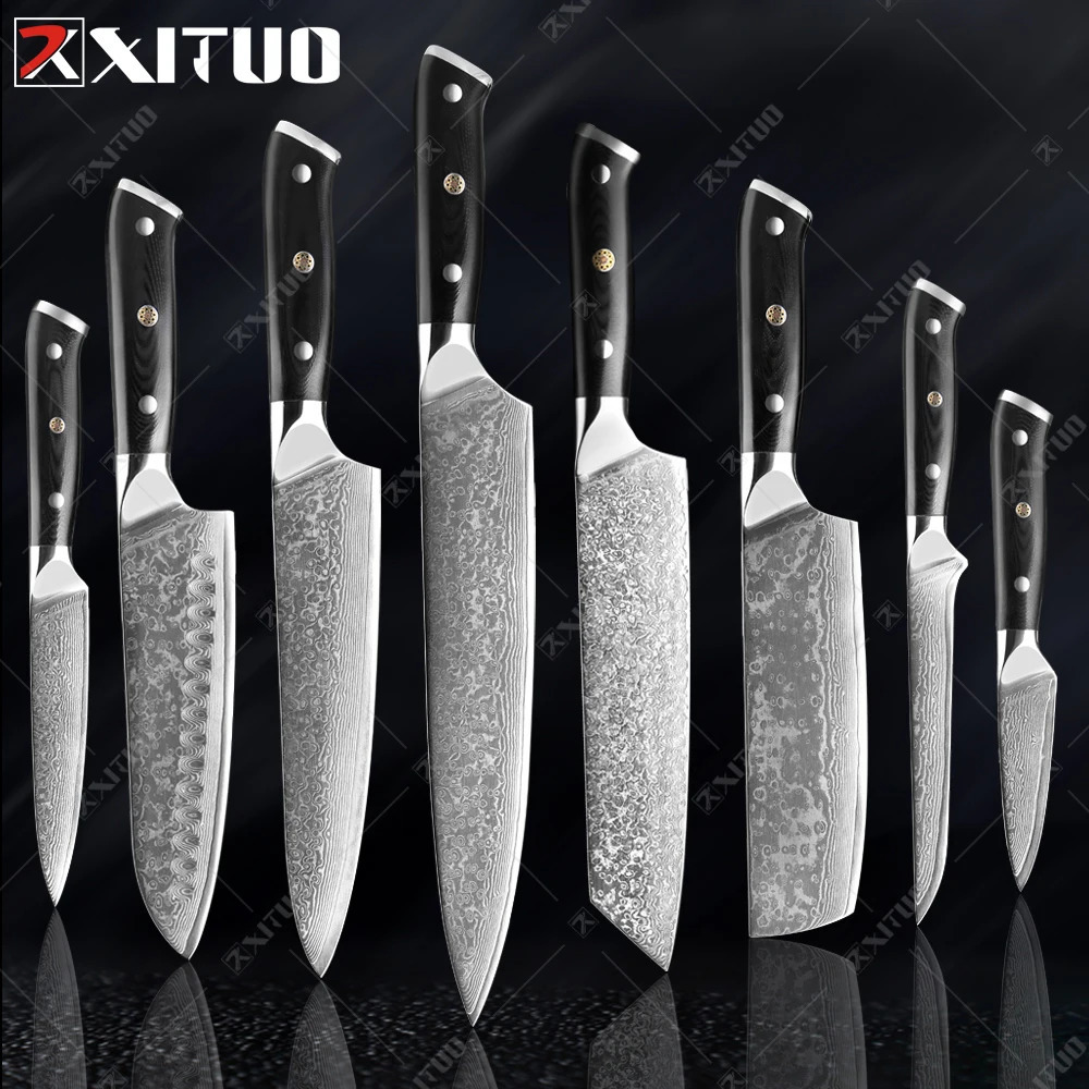 XITUO Damascus Kitchen Knife 1-9PC 67th Floor Japanese Damascus Steel Chef Knife Sharp Sankotu Cleaver Boning Paring Knife G10 Hand 241225