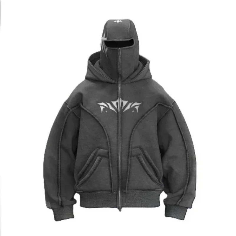 Y2K Vintage Zip up Hoodie Harajuku Double Hat high quality gothic Pattern Streetwear Men Women Hip hop Fashion Sweatshirt top 241224