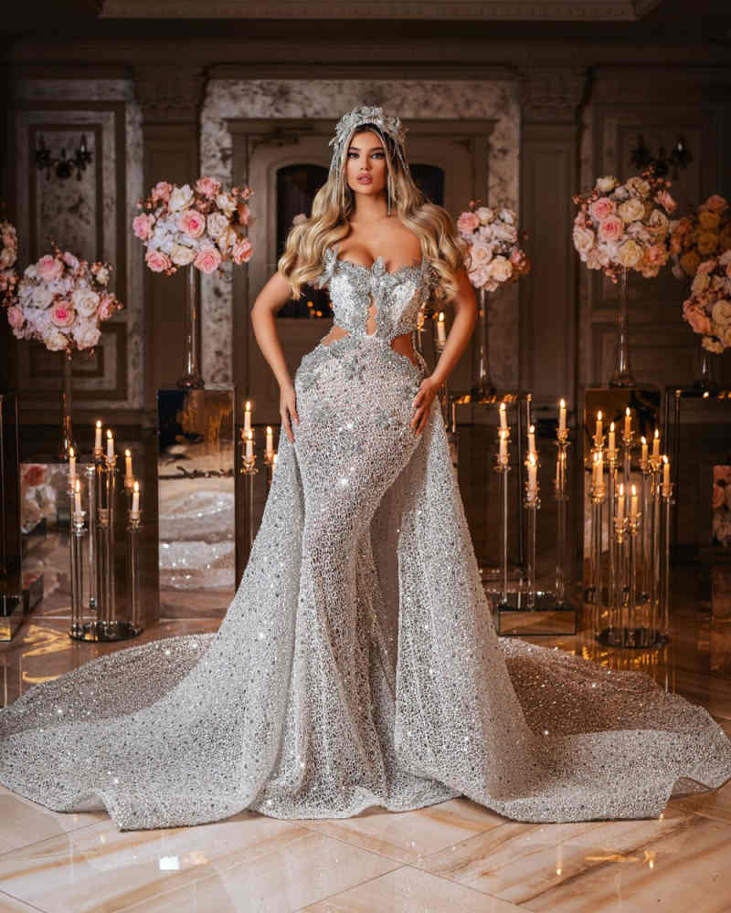 Crystal Sexy Wedding Dress Mermaid Beading Rhie Bridal Gowns With Overskirts Sleevesless Bride Dresses Customized Plus Size Vestido De Novia es