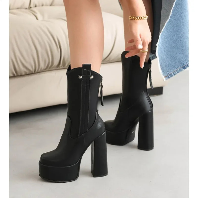 Autumn and Winter styles fashion High heels Womens boots Solid color zipper Round head Ultrahigh heel Women boots high 14cm 241226