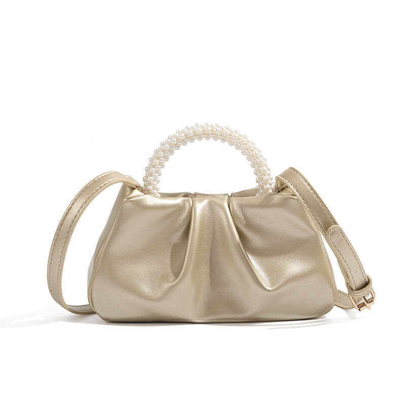 New Trendy Round Pearl Hand-Held Pleated Cloud For Women, Niche Temperament Single Shoulder Crossbody Bag