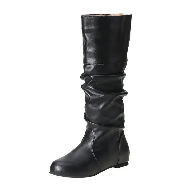 Women Flat Boots Fashion Pleated Leather Boots Autumn Winter Slip on Mid-Calf Shoes for Women High Boots 241226