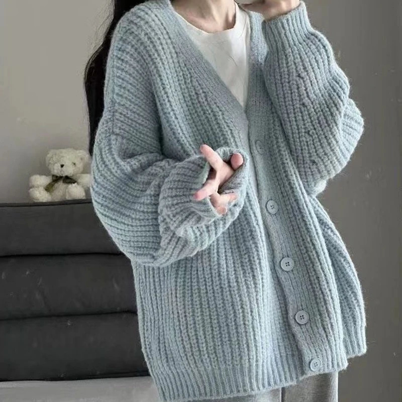 Rimocy Sweet Pink Knitted Cardigan Sweater Women Korean Long Sleeve V Neck Cardogans Woman Wild Button Up Jumper Coat Female 241225