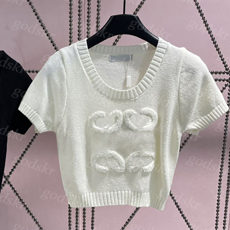 Jacquard Knitwear Women Classic Short Knit Shirt Sexy Big Crew Neck Sweater Spring Summer