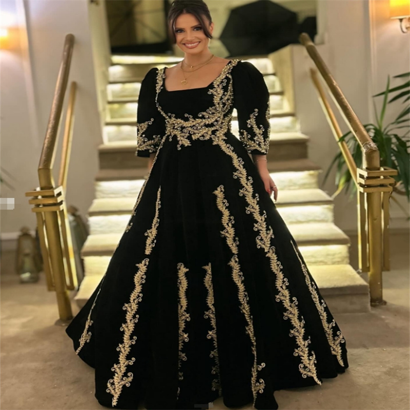 Traditional Kosovo Albanian Evening Dress Black With Gold Lace Islamic Turkish Elegant Arabic Dubai Prom Dress Birthday Sleeves Formal Occasion Party 
