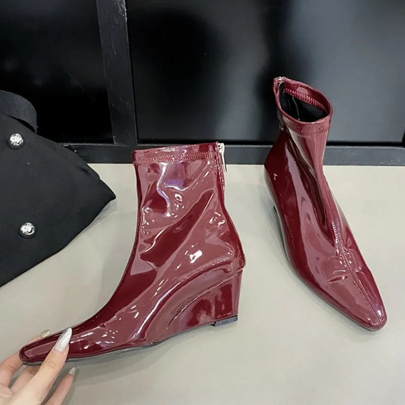 2025 NEW Ankle Boots High Quality Soft Cozy Patent Leather Women Sexy Pointed Toe Wedges Heels Party Prom Shoe Booties Female Pumps