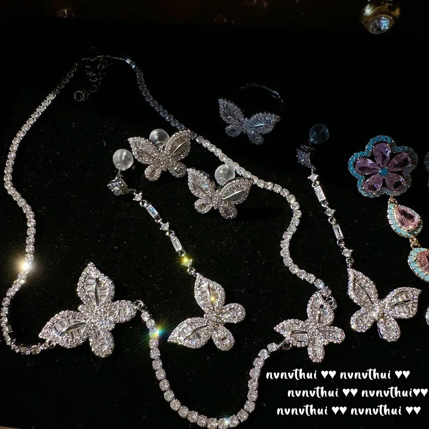 Unique Elegant Butterfly Jewelry Set for Women Exquisite Shine Zircon 925 Silver Resizable Ring Earring Necklace Banquet Jewelry 241226