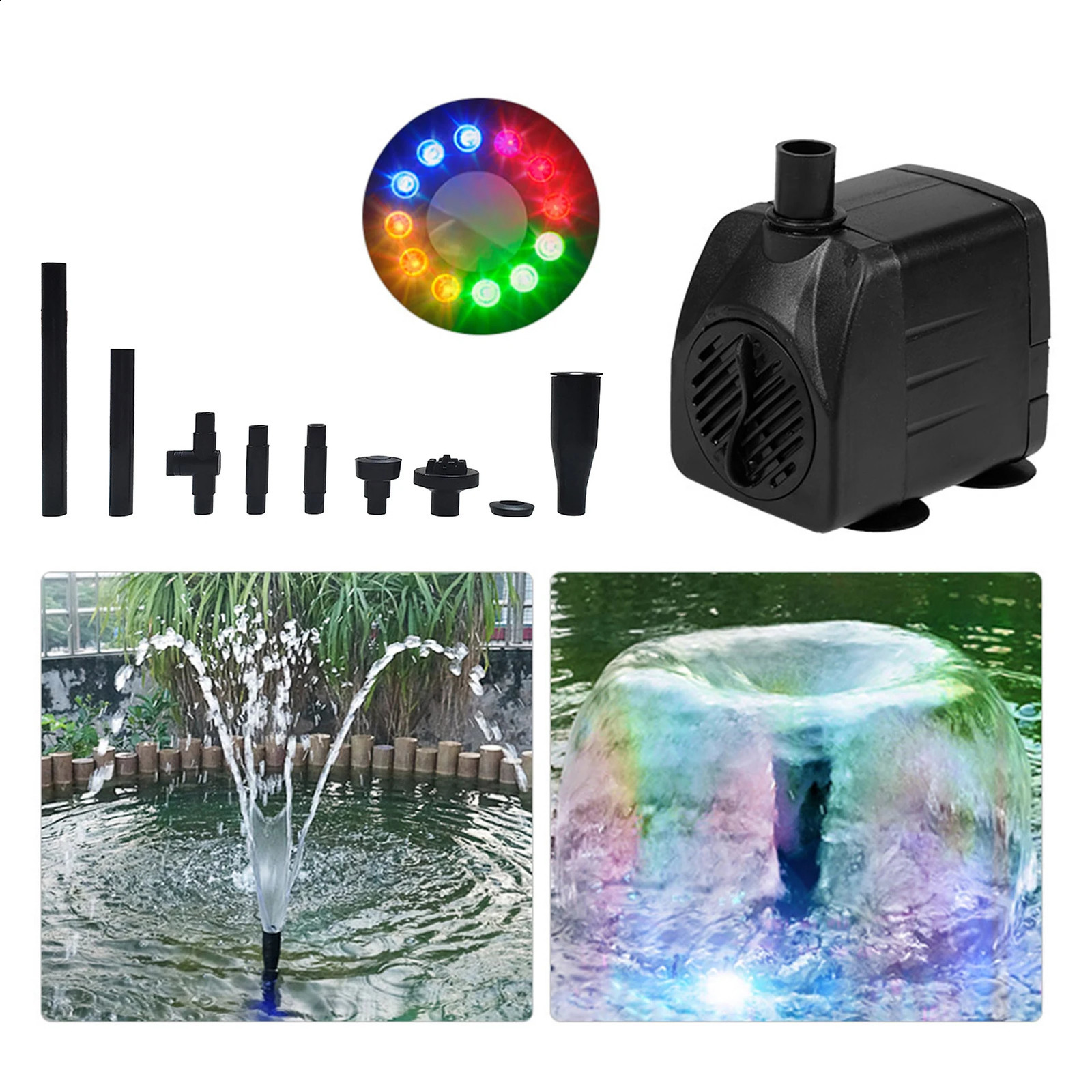 10W/15W Ultra-Quiet Submersible Water Fountain Pump Filter Fish Pond Aquarium Water Pump Tank Fountain with 12 LED Light 241225