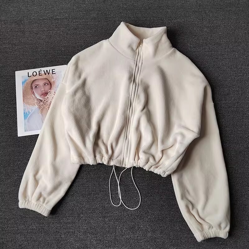 Women's Fleece-Ed Warm Casual Loose Running Crop Top Long Sleeve Fiess Sports Coat Yoga Sweatshirt