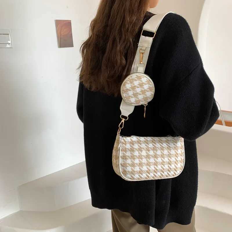 Female Vintage Plaid Printing Shoulder Bags with Mini Round Purse Pendant Women Bags Casual Small Crossbody Bags 2pcs CompositeXJ241225