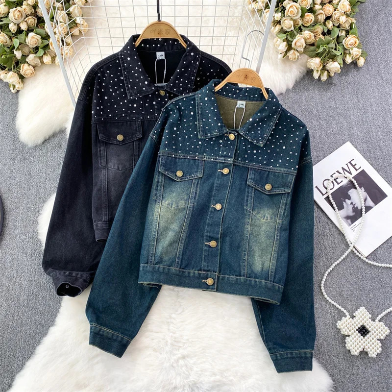 Korean Loose Women Short Denim Jacket Blue Black Diamond Lapel Casual Long Sleeve Spring Autumn Female Jeans Jacket Veste Femme 241223