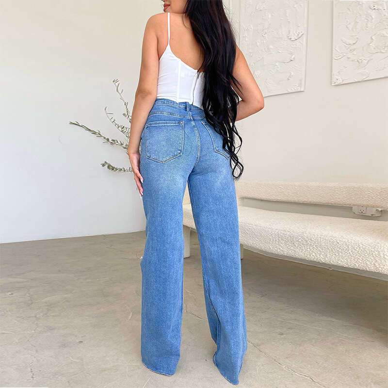 Women Jeans Wide Leg Pants Denim Waist Zipper Fly Washing Holes Pockets High Street Ankle Length Flash Spring