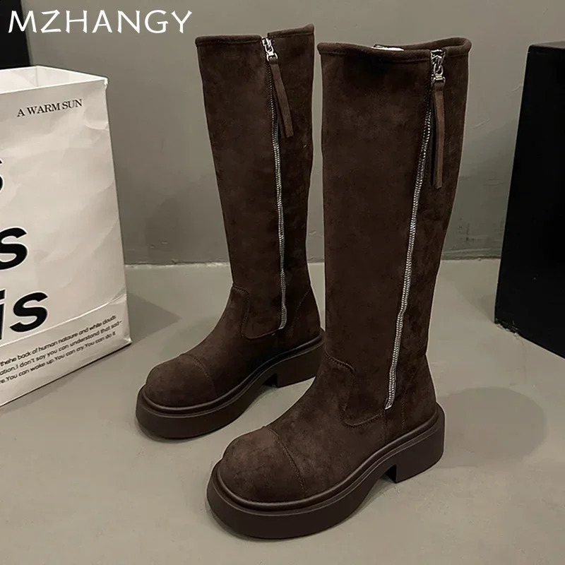 Suede Flats High Boots Women Knee High Zipper Shoes 2025 Trend Fashion Winter Motorcycle Boots Punk Mujer Botas 241226