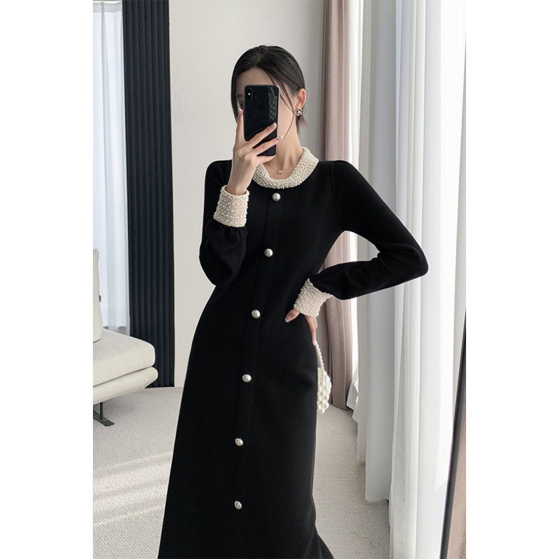 L2061 sweater dress temperament celebrity French Hepburn style black base knitted dress female autumn and winter