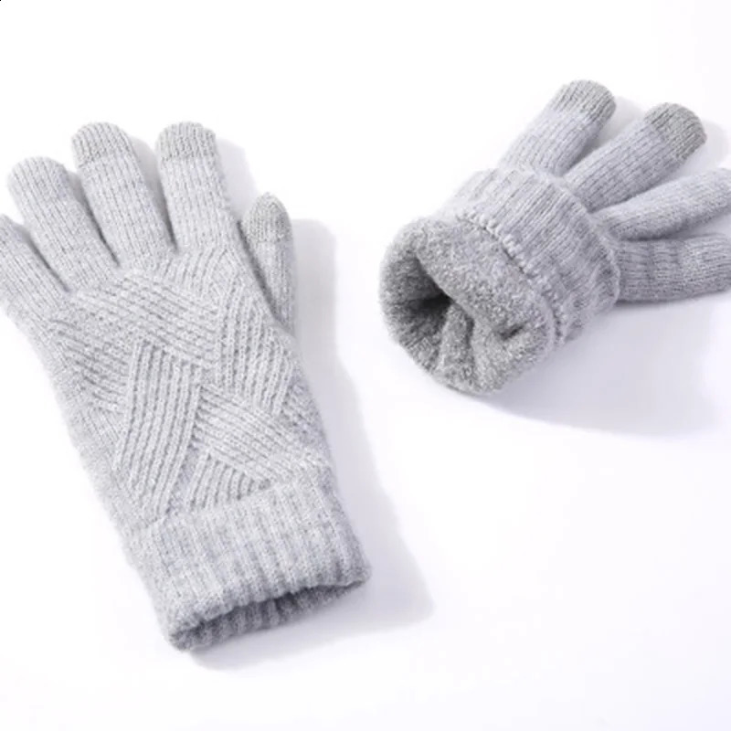 Men Women Winter Double Layer Warm Knit Full Finger Mitten Female Woolen Touch Screen Thick Velvet Cycling Driving Glove H 241226