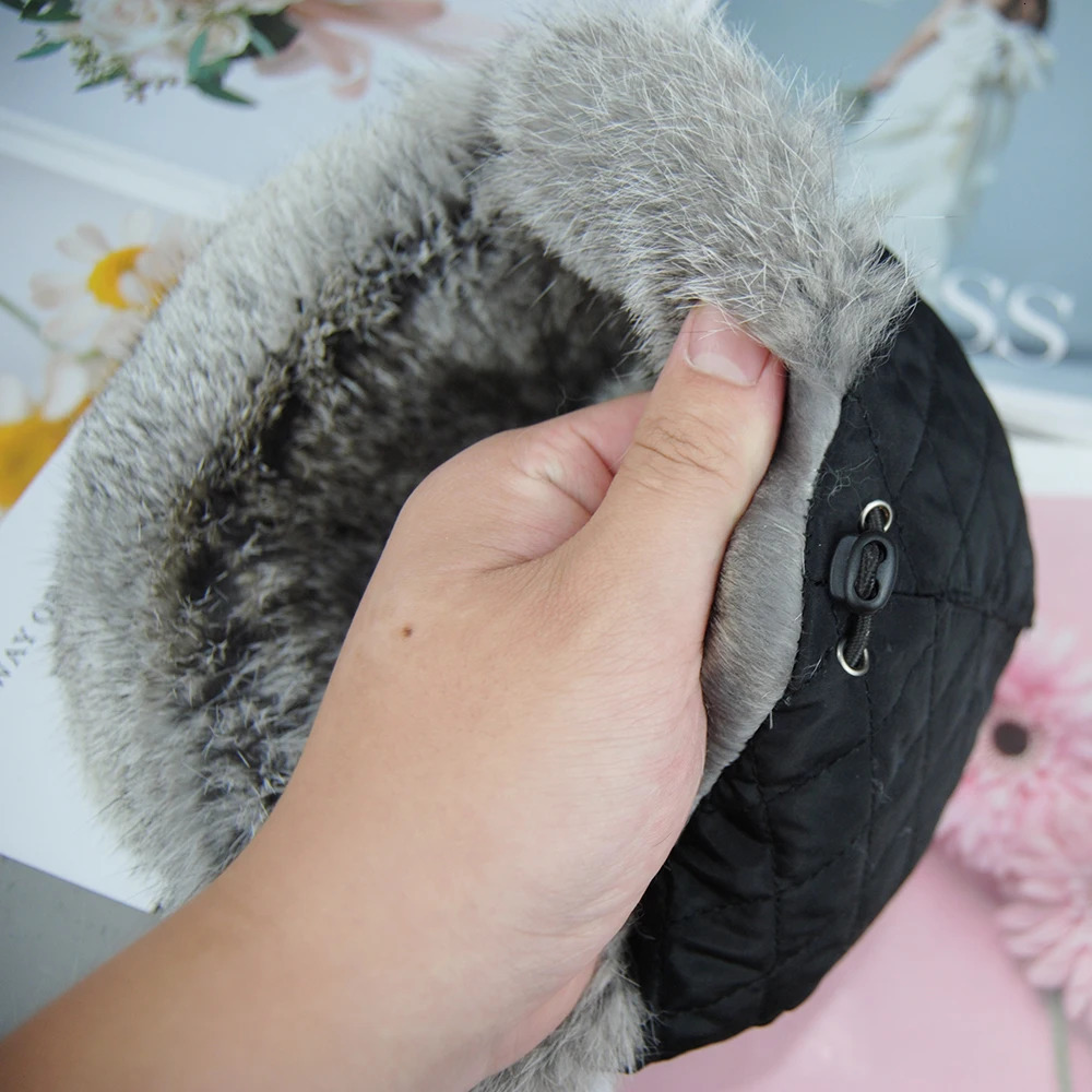 Rabbit Fur Hats for Women Winter Warm Solid Genuine Fur Cap High Quality Female Fur Hat with Tail Cute Girls Cat Hats 241225