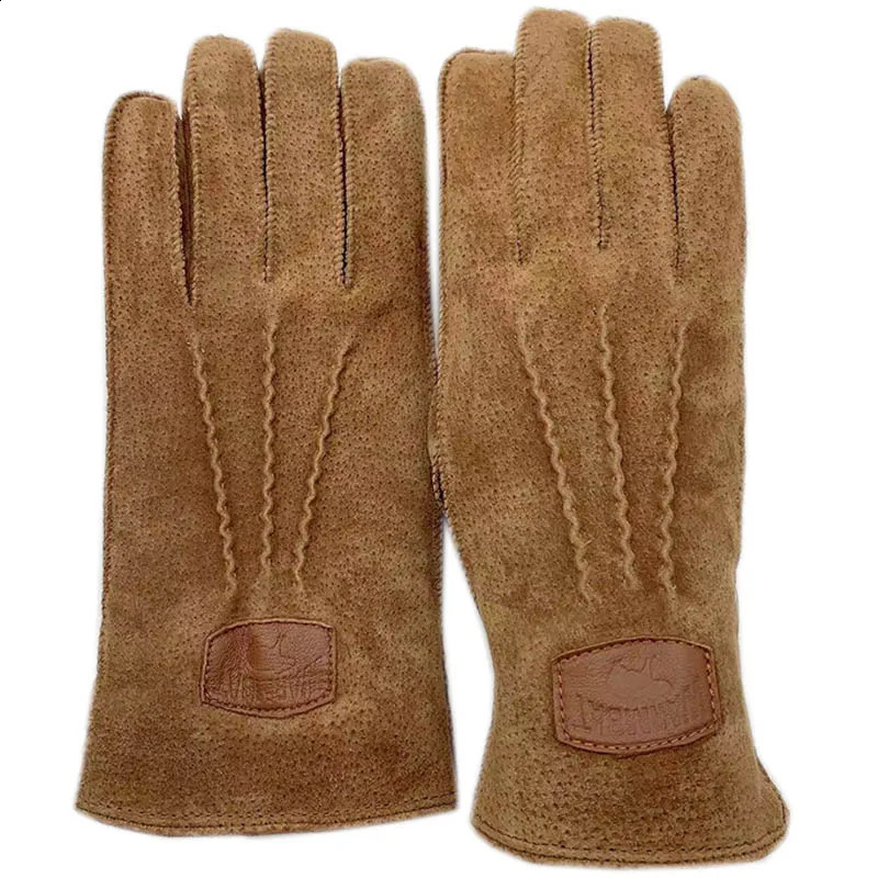 Winter Mens and Womens Fashion Leather Gloves Light Brown Leather Genuine Hair Machine Sewing Womens Leather Gloves 241226