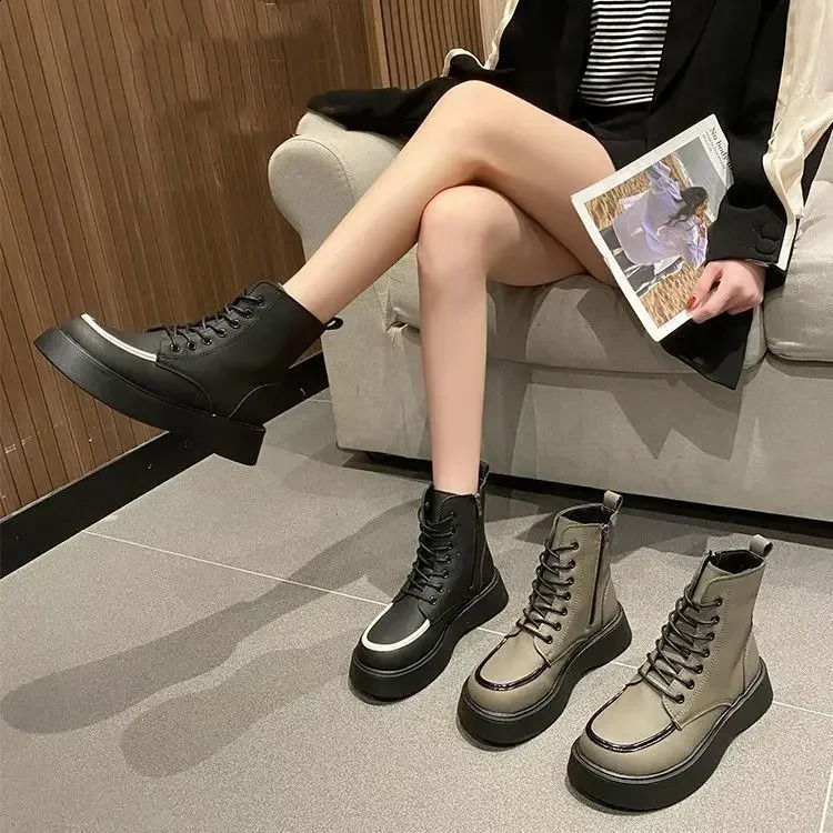 Trend for Spring and Autumn Round-toed Boots High Quality Thick-bottomed British Style Flat Ankle Boots for Women 241226