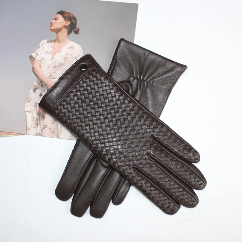 Womens Sheepskin Gloves Touch Screen Leather Fashion Sheepskin Woven Warm Wool Knitted Lining Driving Gloves High end 241226