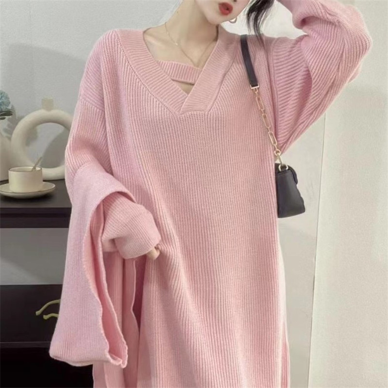 G699514 Large size knitted dress 2024 autumn and winter new loose solid color mid-length over-the-knee sweater for women