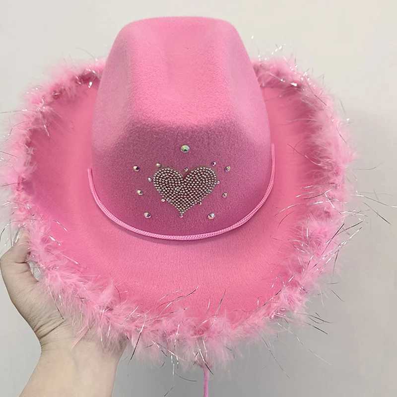 Womens denim hat Rhinestone heart-shaped fuzzy decoration wide Brim C for Fiancee shower bachelor party denim hat W241225