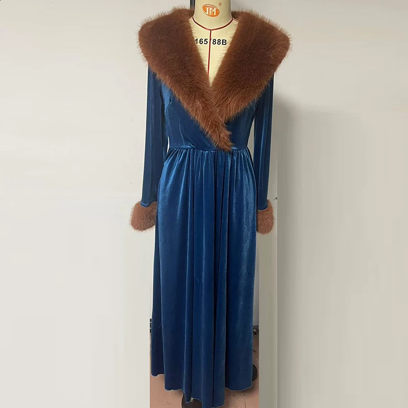 Women Chic Bohemian Fur Collar V-Neck Maxi Dresses Autumn Retro High Waist A-line Dress Loose Pattern Print Party Dress 241224