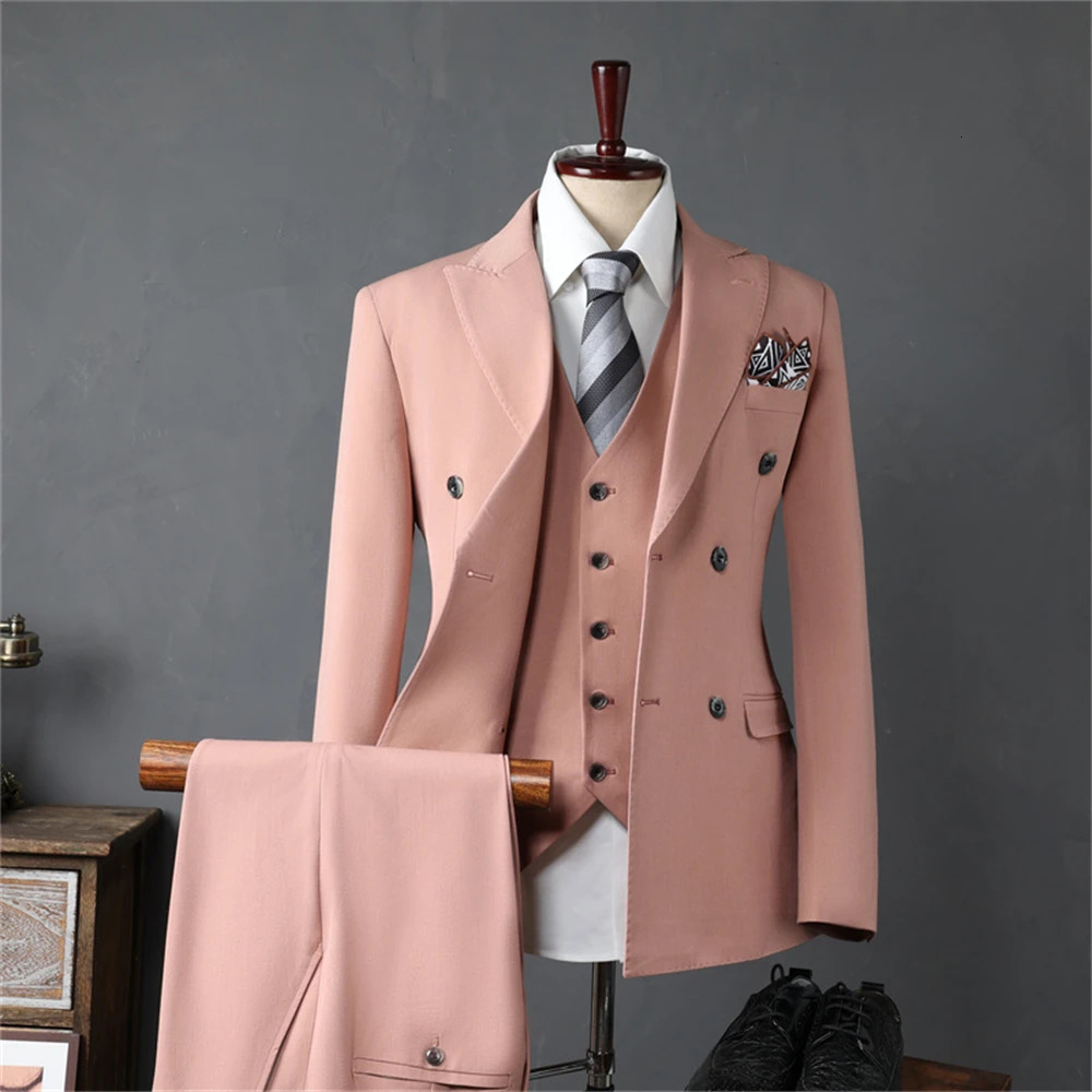 Mens Double Breasted Formal Suit Set Jacket Vest Pant Slim Fitting Office Business Tuxedo Autumn Winter 241223