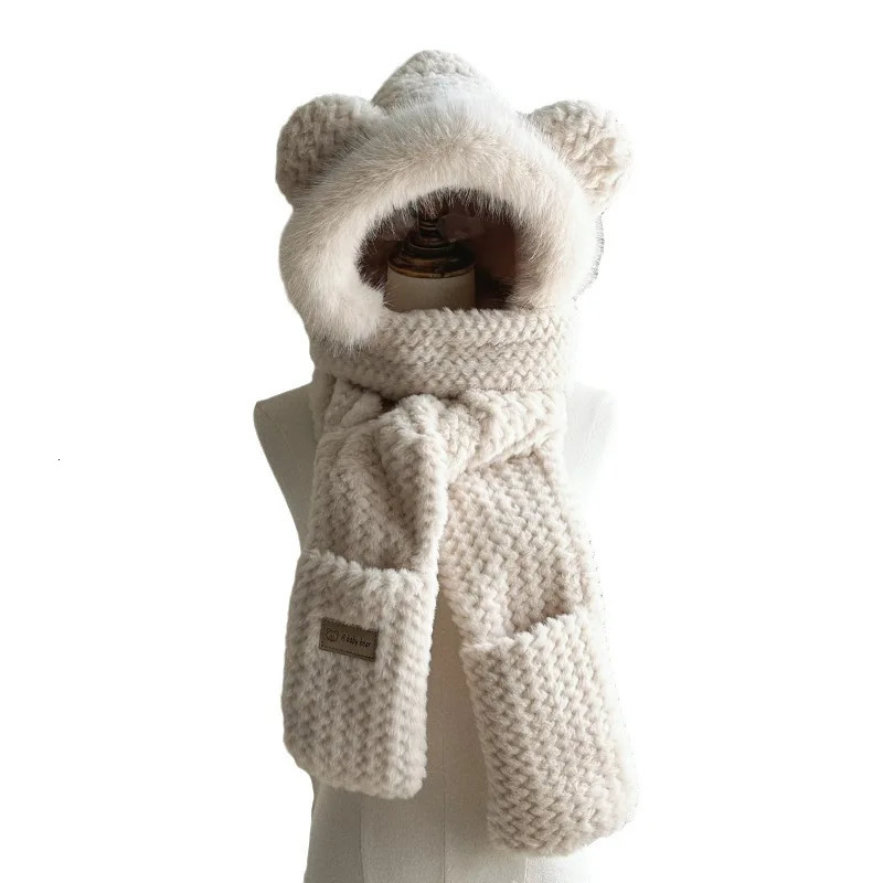 Hat Scarf Gloves three-piece Cap Warm Plush Bib Winter Girl Russian Toboggan Fluffy Knitted Beenies 241225