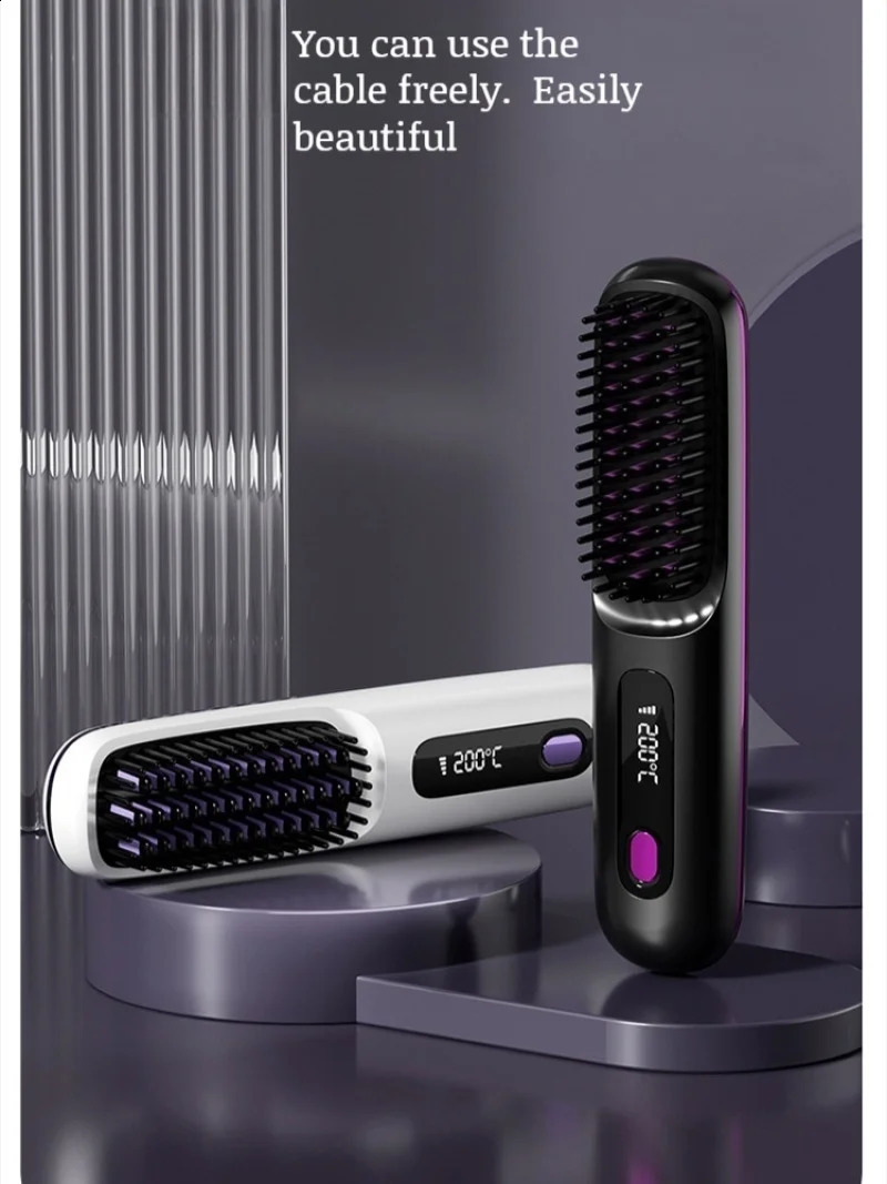 Home Wireless Negative Ion Ceramic Heated Straight Hair Comb USB Charging LCD Display Portable Straight Hair Comb 241225
