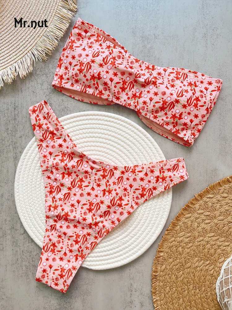 Mr. Nut 2025 popular printed strapless bikini set with low waistband European and American fashion BiquiniW241225