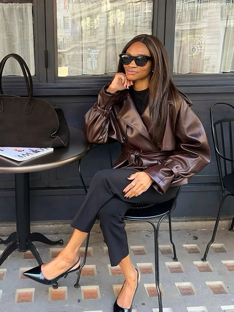 Retro Deep Brown Lace Up Lapel Leather Jacket Women Chic Long Sleeve Button Pocket Slim Coat Lady Winter High Street Outwear 241225
