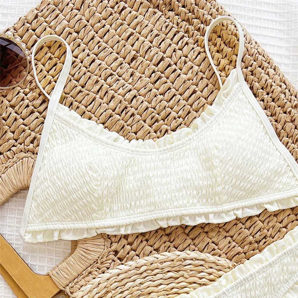 Sexy ruffled edge white high waisted bikini set swimsuit 2024 ruffled edge swimsuit womens swimsuit bead Bandeau bikini unprintedW241225