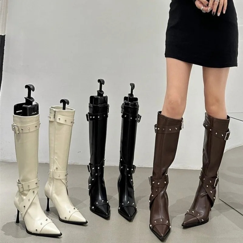 Style Thin High Heel Women Boots Pointed Toe Womens High Tube Thinner-looked High Heel Long Boots Zip Boots Mujer D109 241226