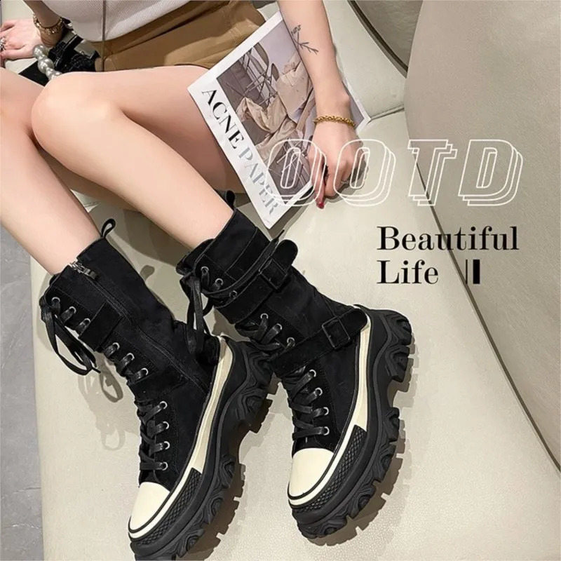 Thick platform women boots vintage canvas tooling High top knight boots Round head muffin sole side zip Belt buckle boots C21 241226