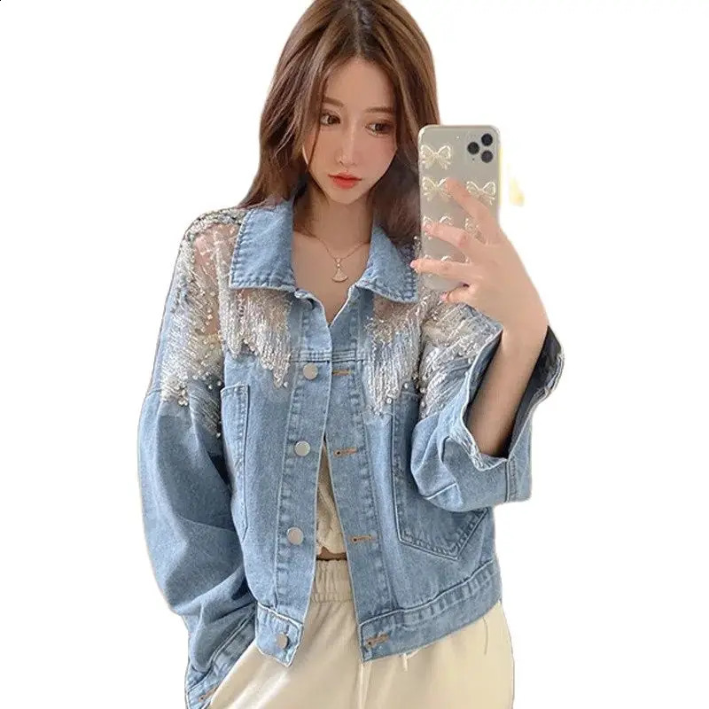 Fashion Beaded Diamond Mesh Denim Coat Spring Autumn Denim Jacket Short Casual Outerwear Tops Jeans Jacket Female 241223