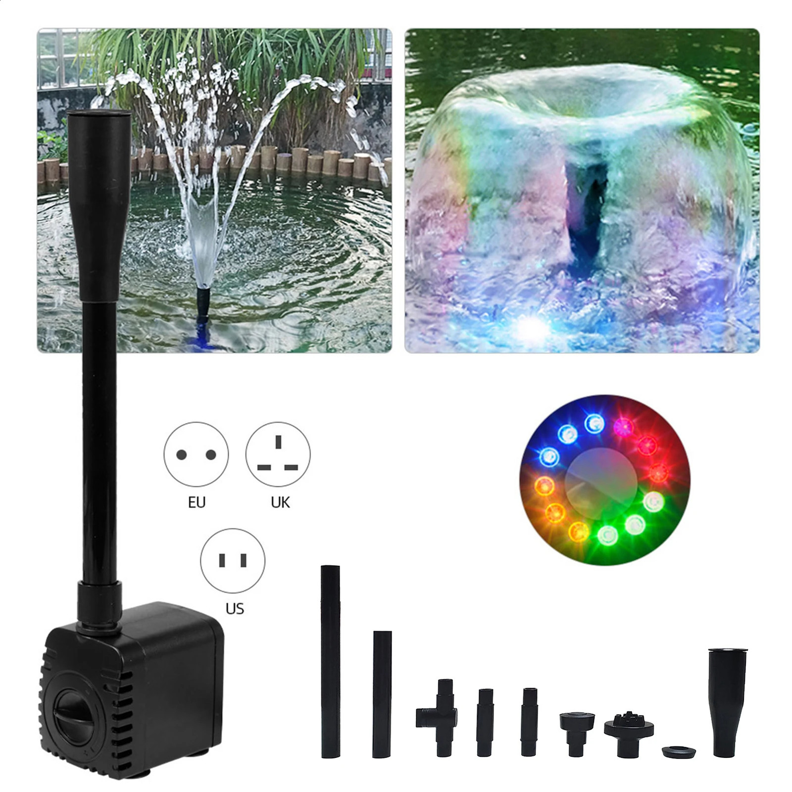 10W/15W Ultra-Quiet Submersible Water Fountain Pump Filter Fish Pond Aquarium Water Pump Tank Fountain with 12 LED Light 241225