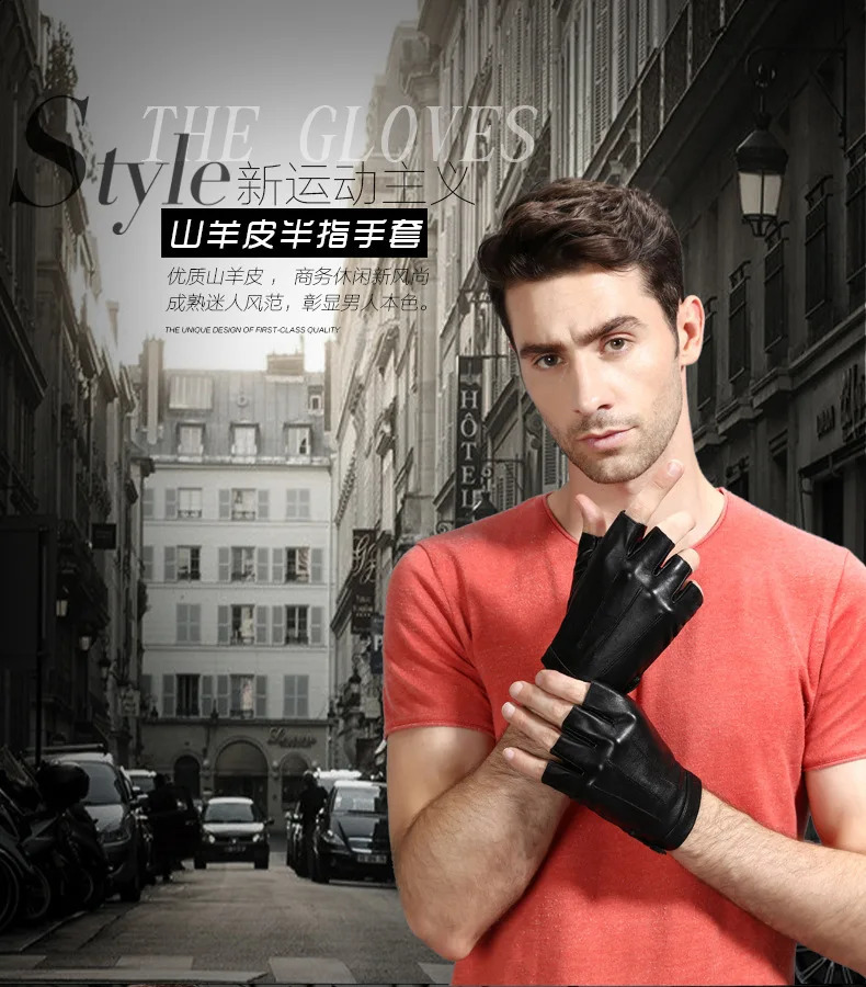 Mens Semi-finger Genuine Sheepskin Leather Driving Gloves Male Natural Leather Fingerless Riding Fitness Sports Show Gloves 241226