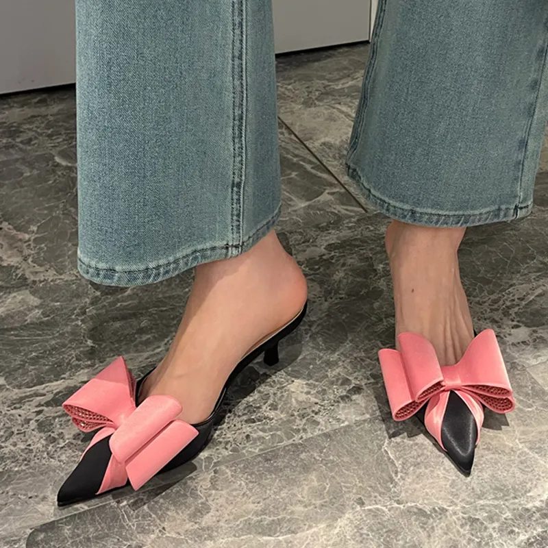 2025 New Liyke 2024 New Fashion Pink Rhie Butterfly-Knot Women Pumps Slippers Sandals Pointed Toe Low Thin Heels Mules Female Shoes