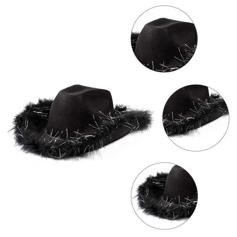 Western style denim hat solid color black and white womens bird hand party Cs decorated with feather sequins denim hat W241225