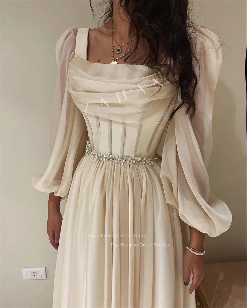 Xijun Chiffon Long Sleeves Prom Dresses Pleats Crystal Beaded Prom Gowns Formal Party Elegant Gowns Dubai Evening Dress Women 241223