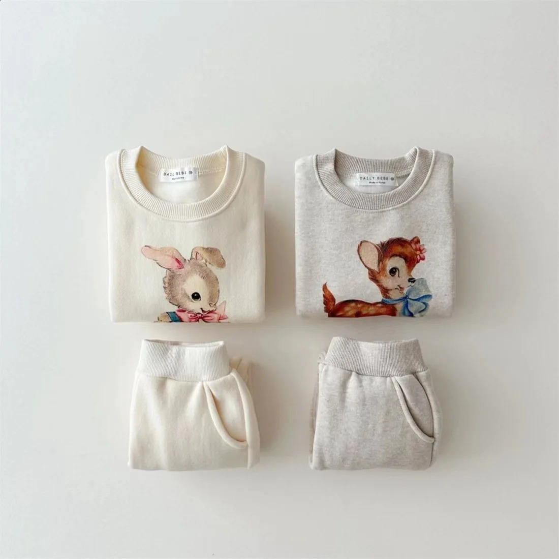 Korean version of autumn and winter boys girls cotton cute cartoon rabbit deer plush sweatshirt casual sports set 241225