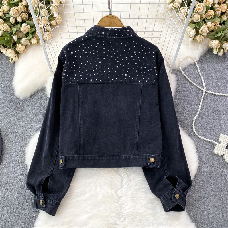 Korean Loose Women Short Denim Jacket Blue Black Diamond Lapel Casual Long Sleeve Spring Autumn Female Jeans Jacket Veste Femme 241223