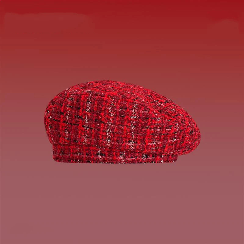 Christmas Red Cute Womens Beret Retro Bright Silk Plaid Autumn Winter Warm Hat Casual Street Octagonal Artist Hat 241226