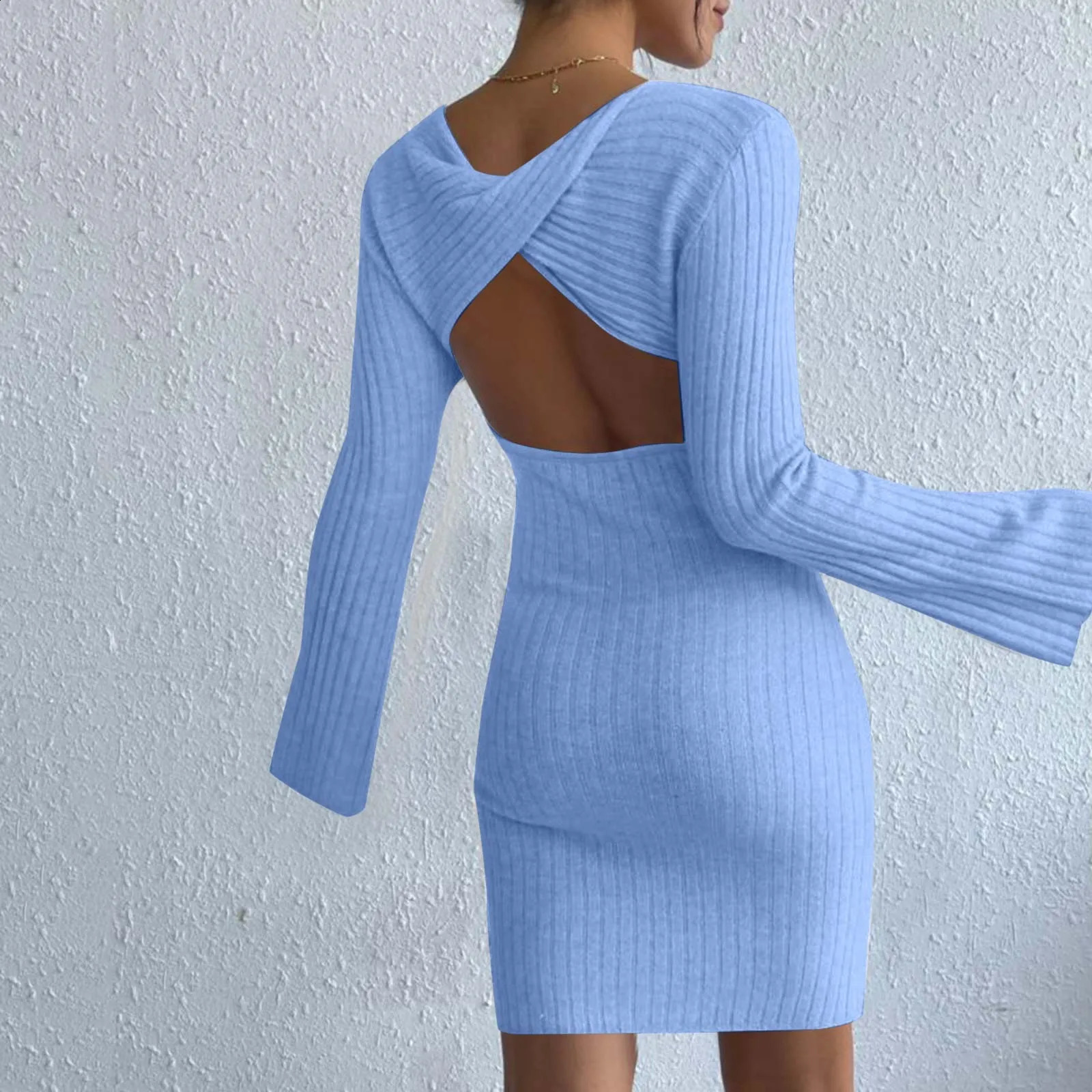Solid Color High Quality Knitted Backless Dresses for Women Autumn Winter Elegant Long Sleeve Bodycon Casual Mini Dress 241224
