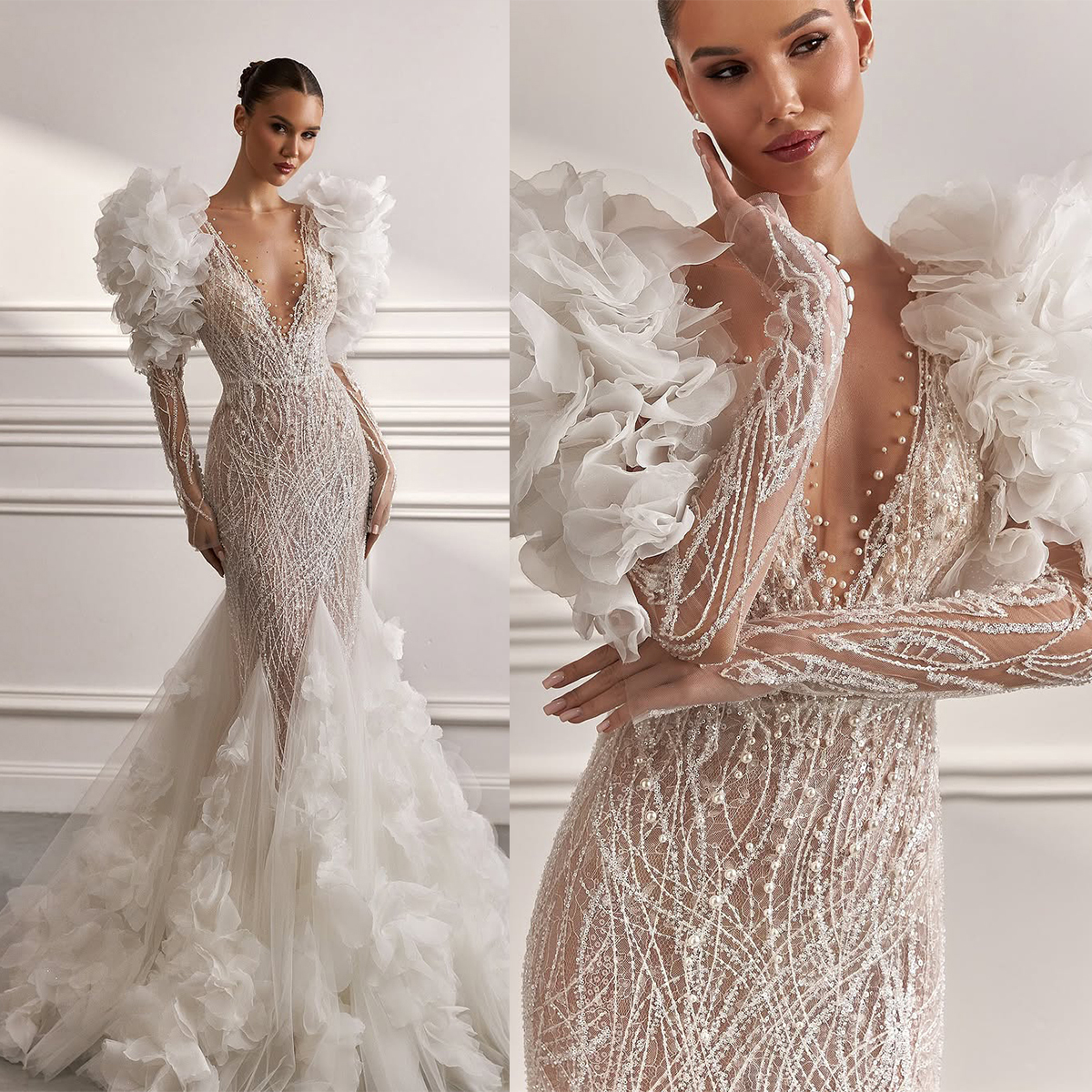 Modern Elegant Mermaid Wedding Dresses V-Neck Long Sleeve Sequins Appliques Beading Embroidery Lace Bridal Gowns Custom Made Vestidos De Novia