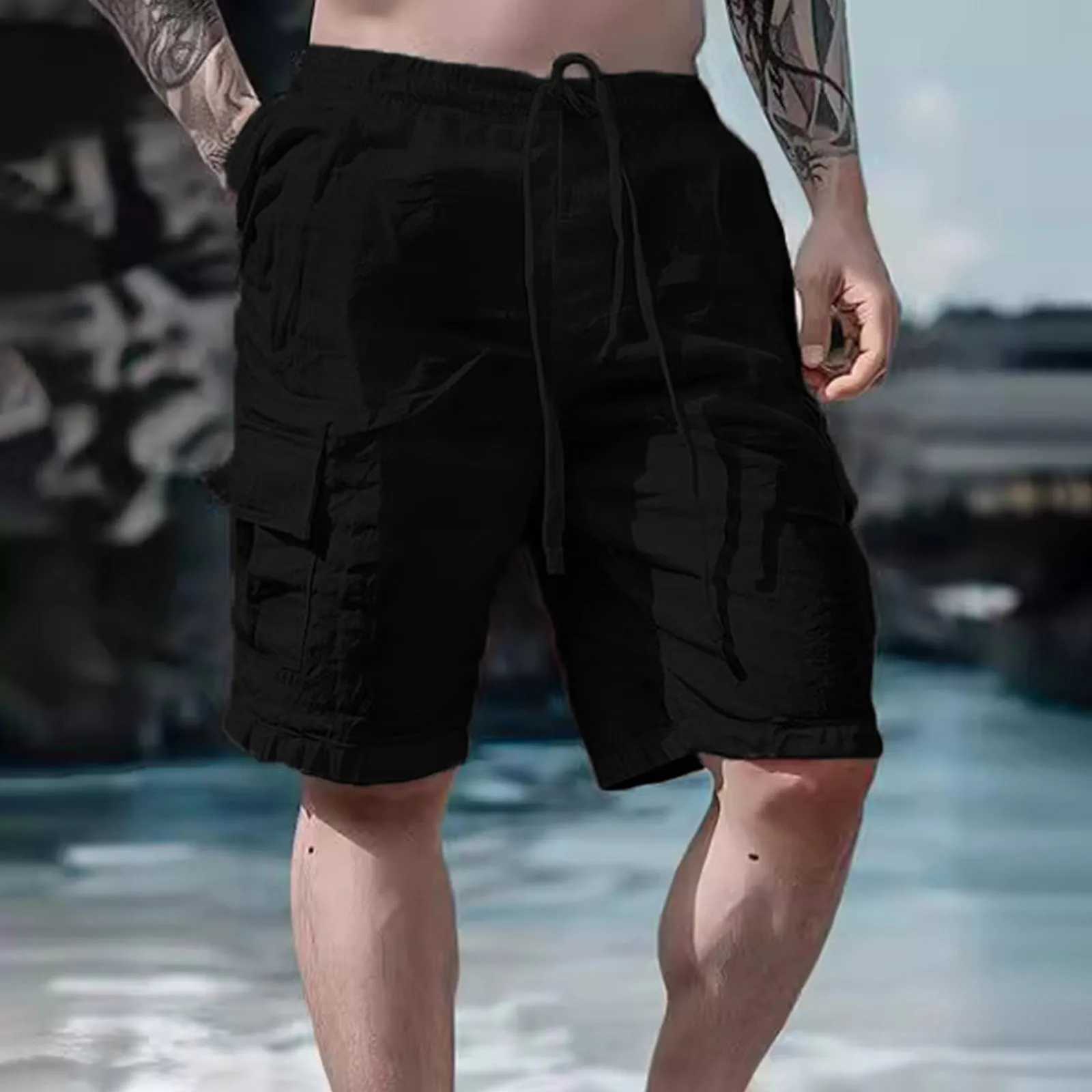 Summer fashion loose white cargo shorts mens streetwear beachwear solid color pocket shorts exercise pants 2024 W241226