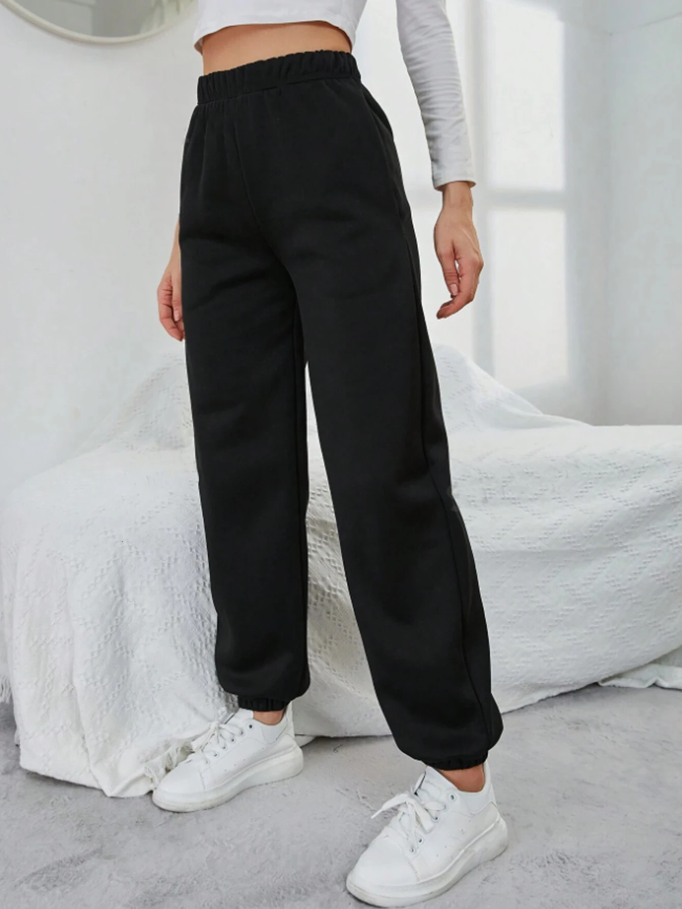 Women Black Elastic Waist Sweat Pants Casual Every Day Solid Sweatpants 241225
