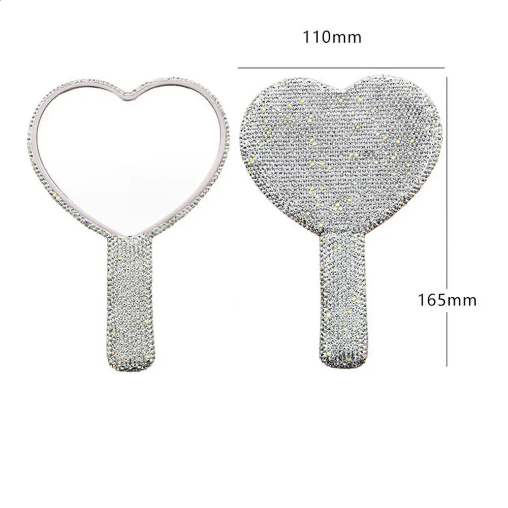 Diamond Handheld Makeup Mirror Love Heart Mirror Female Handle Makeup Cosmetic Beauty Tools Handheld Vanity Girls Make Up Mirror 241226