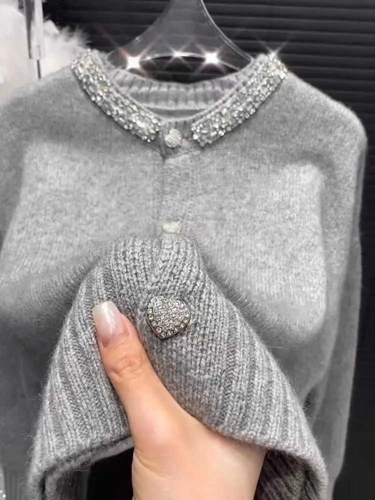 Sweaters for Women Heavy Diamond Knitted Cardigan Grey Tops Winter Clothes Pull Femme Love Jacket Feminino 241225